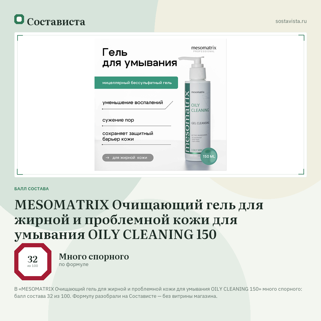MESOMATRIX Очищающий гель для жирной и проблемной кожи для умывания OILY CLEANING 150: балл состава 32 из 100 — Состависта