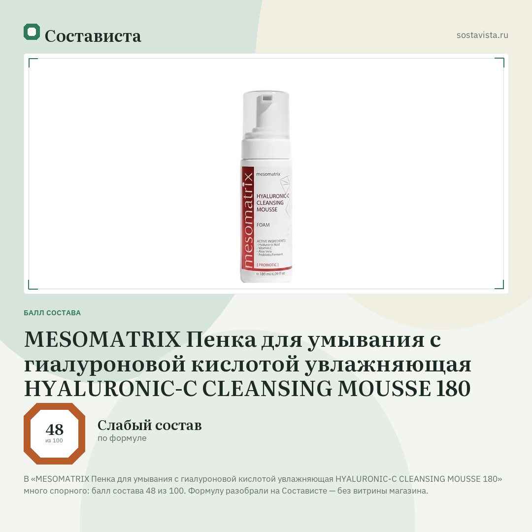 MESOMATRIX Пенка для умывания с гиалуроновой кислотой увлажняющая HYALURONIC-С CLEANSING MOUSSE 180: балл состава 48 из 100 — Состависта