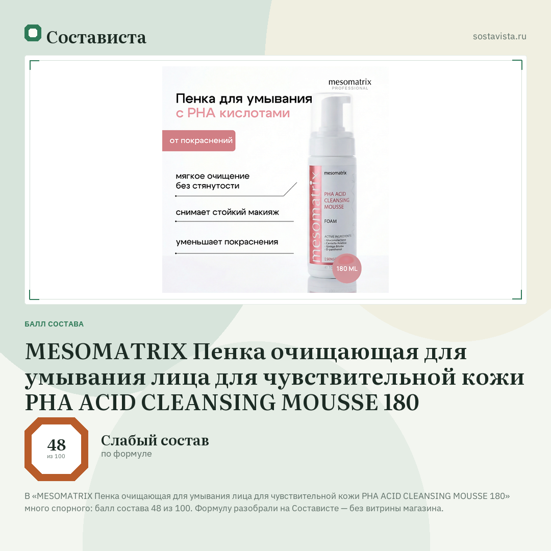 MESOMATRIX Пенка очищающая для умывания лица для чувствительной кожи PHA ACID CLEANSING MOUSSE 180: балл состава 48 из 100 — Состависта