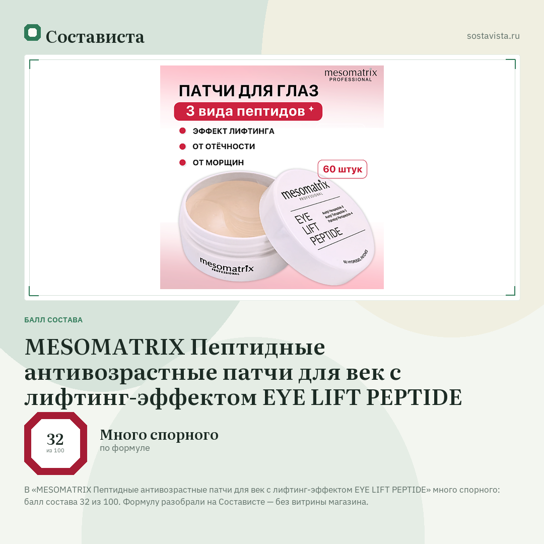 MESOMATRIX Пептидные антивозрастные патчи для век с лифтинг-эффектом EYE LIFT PEPTIDE: балл состава 32 из 100 — Состависта