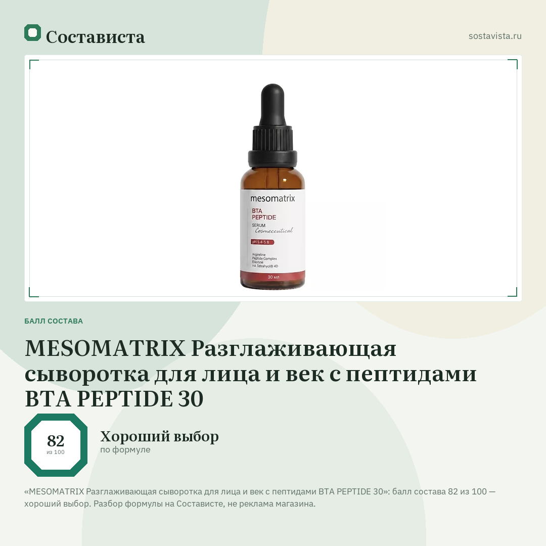 MESOMATRIX Разглаживающая сыворотка для лица и век с пептидами BTA PEPTIDE 30: балл состава 82 из 100 — Состависта