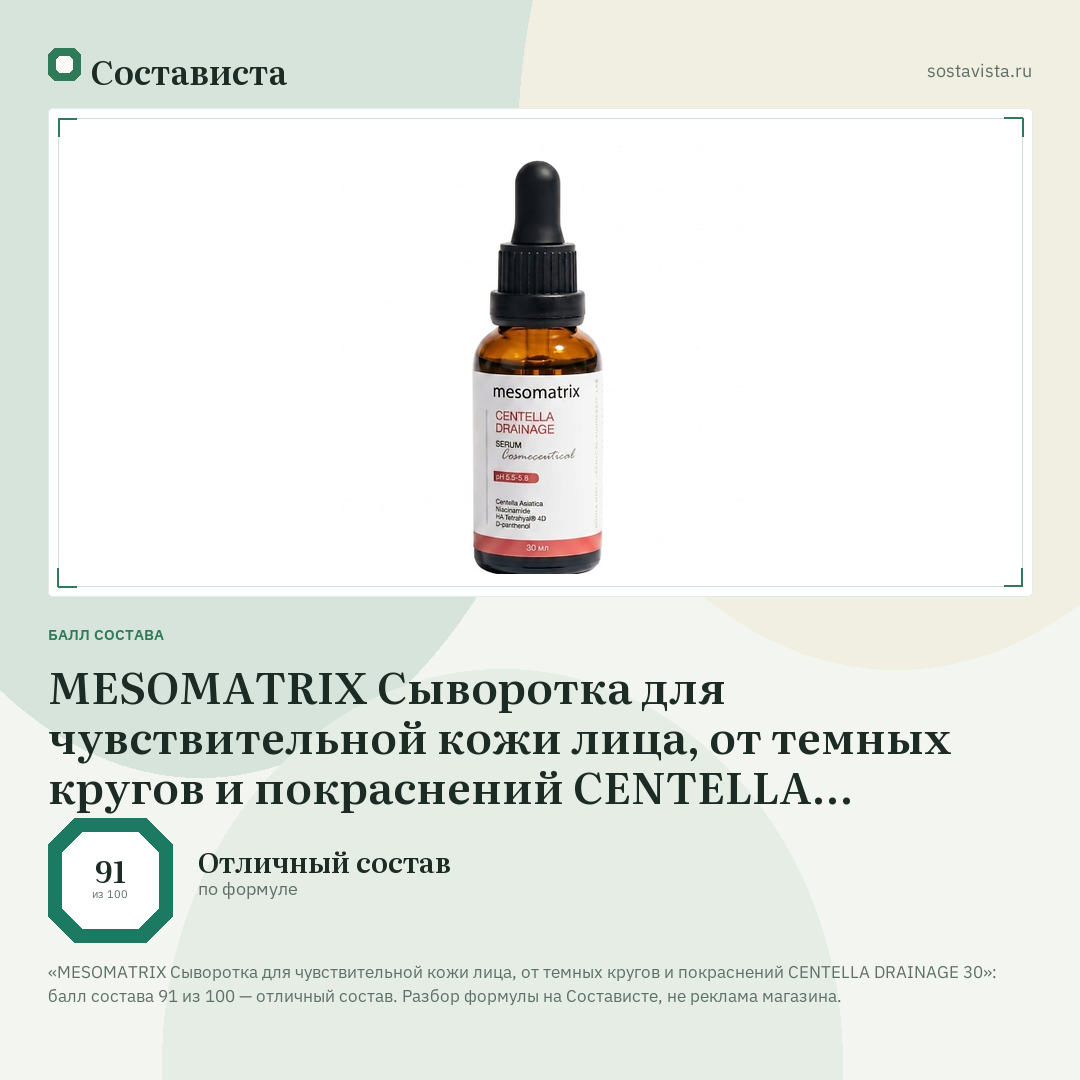 MESOMATRIX Сыворотка для чувствительной кожи лица, от темных кругов и покраснений CENTELLA DRAINAGE 30: балл состава 91 из 100 — Состависта