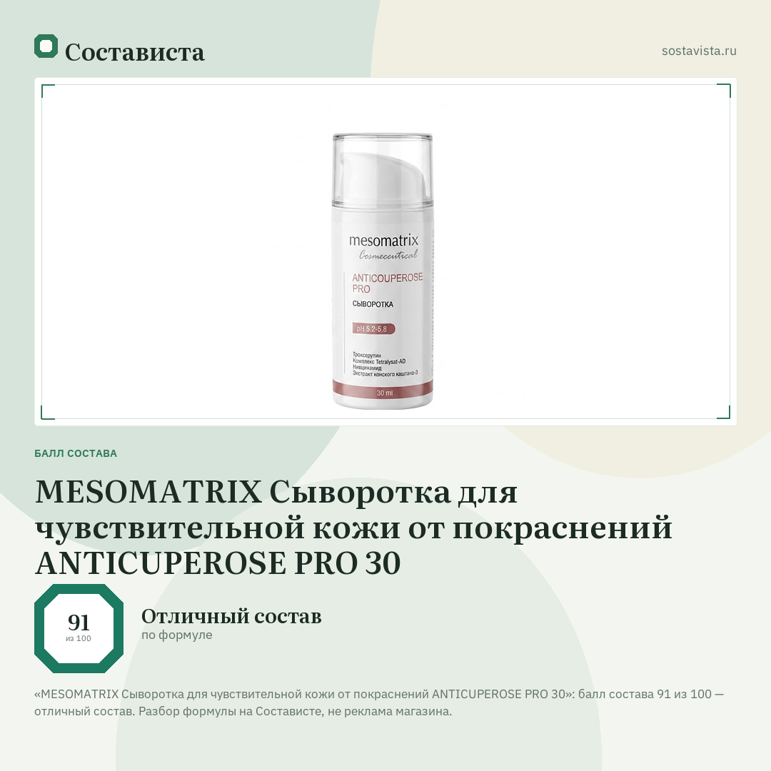 MESOMATRIX Сыворотка для чувствительной кожи от покраснений ANTICUPEROSE PRO 30: балл состава 91 из 100 — Состависта