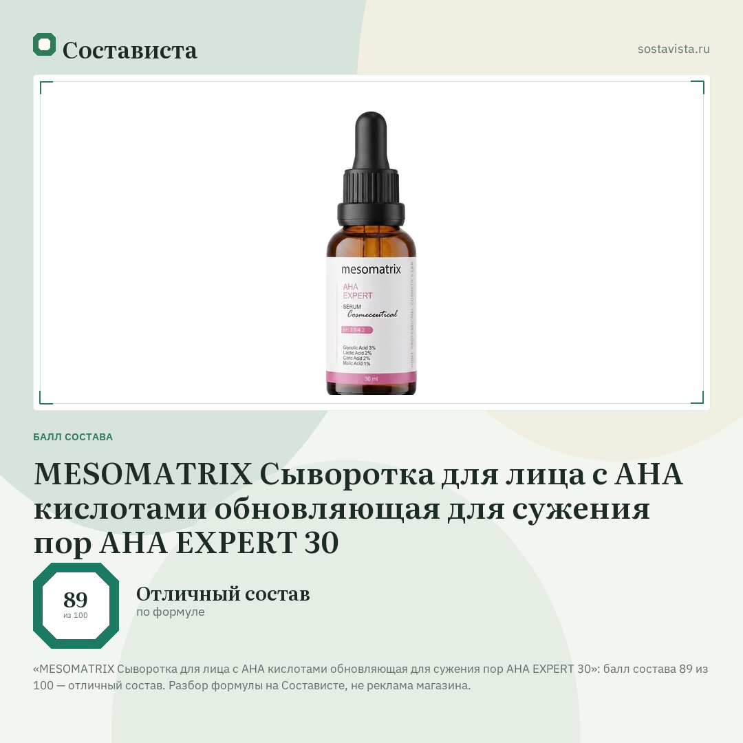 MESOMATRIX Сыворотка для лица с AHA кислотами обновляющая для сужения пор AHA EXPERT 30: балл состава 89 из 100 — Состависта
