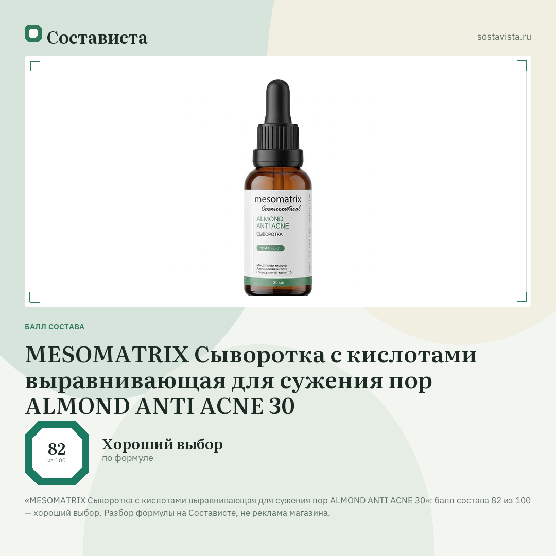 MESOMATRIX Сыворотка с кислотами выравнивающая для сужения пор ALMOND ANTI ACNE 30: балл состава 82 из 100 — Состависта