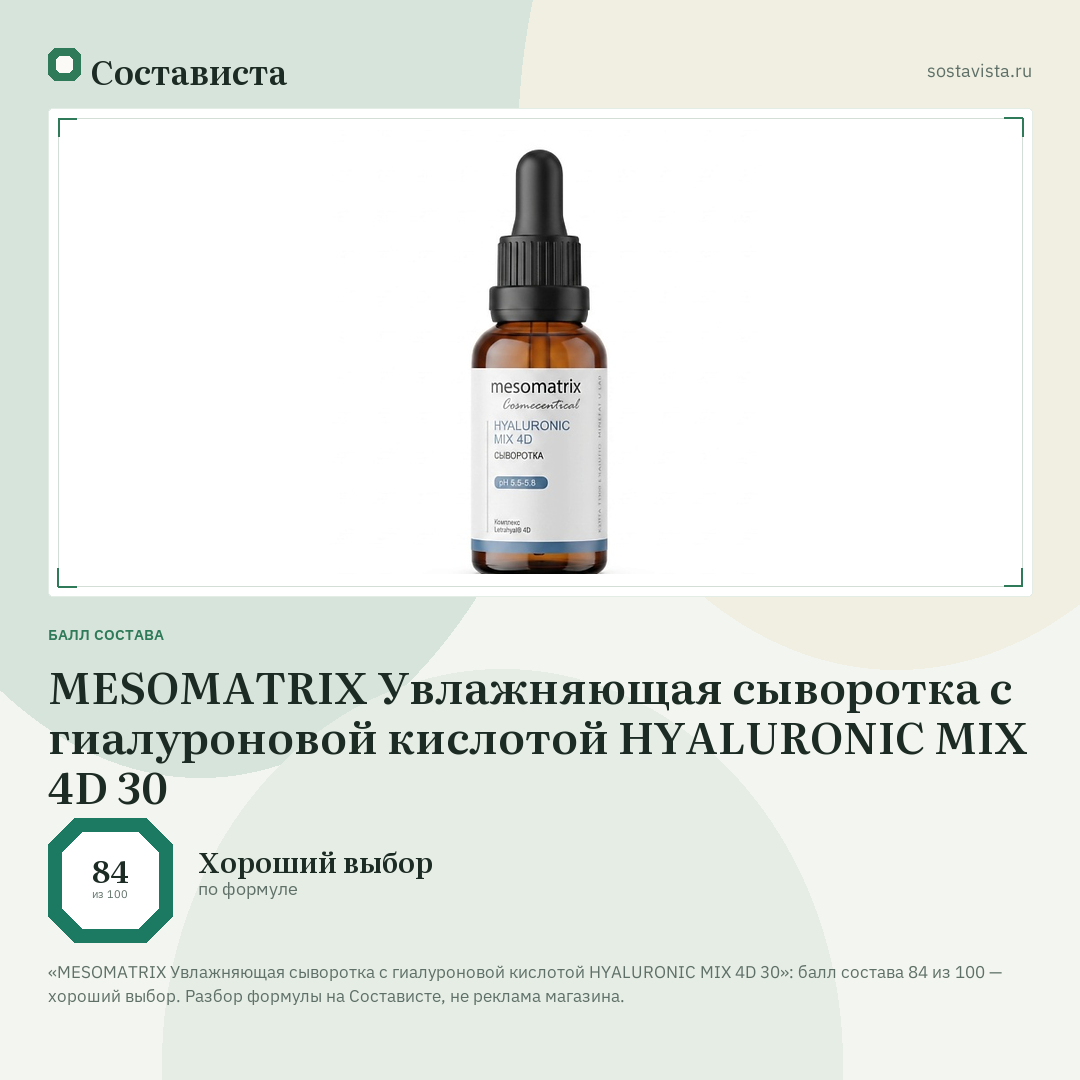 MESOMATRIX Увлажняющая сыворотка с гиалуроновой кислотой HYALURONIC MIX 4D 30: балл состава 84 из 100 — Состависта