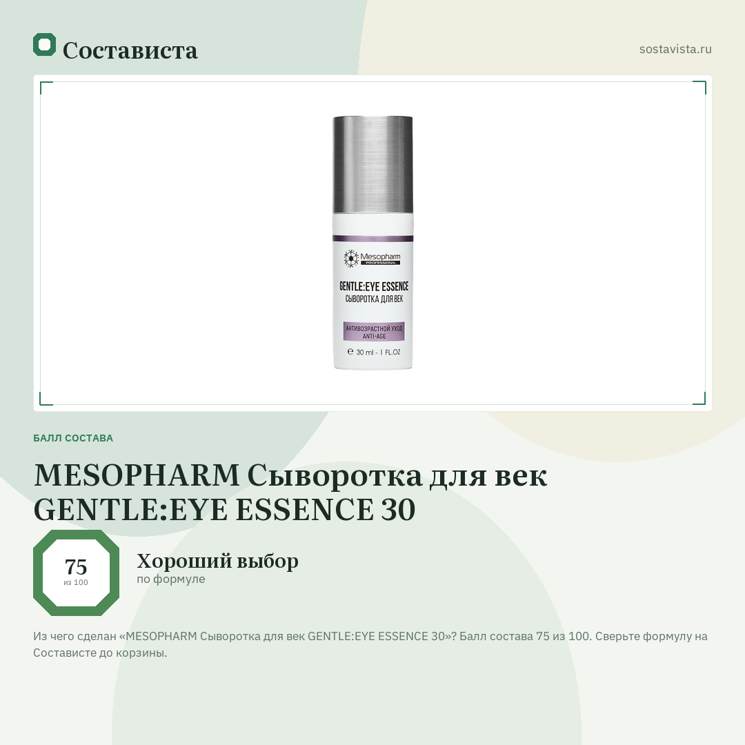 MESOPHARM Сыворотка для век GENTLE:EYE ESSENCE 30: балл состава 75 из 100 — Состависта