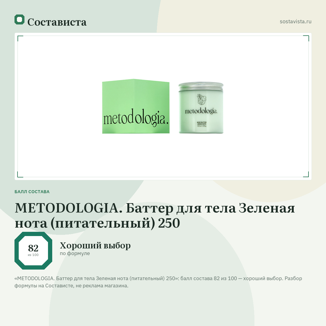 METODOLOGIA. Баттер для тела Зеленая нота (питательный) 250: балл состава 82 из 100 — Состависта