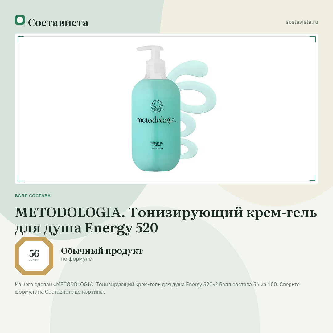 METODOLOGIA. Тонизирующий крем-гель для душа Energy 520: балл состава 56 из 100 — Состависта