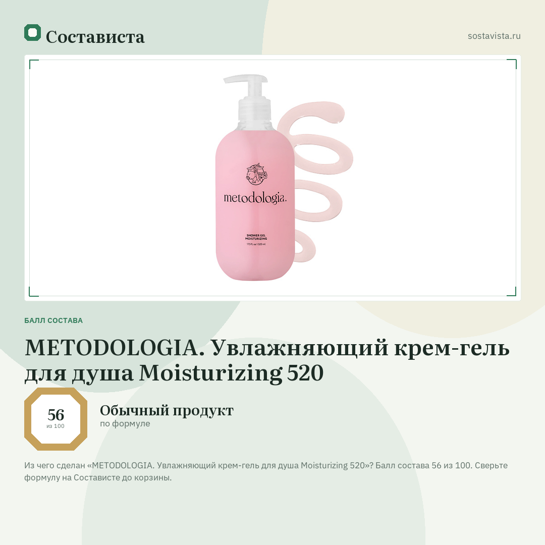 METODOLOGIA. Увлажняющий крем-гель для душа Moisturizing 520: балл состава 56 из 100 — Состависта