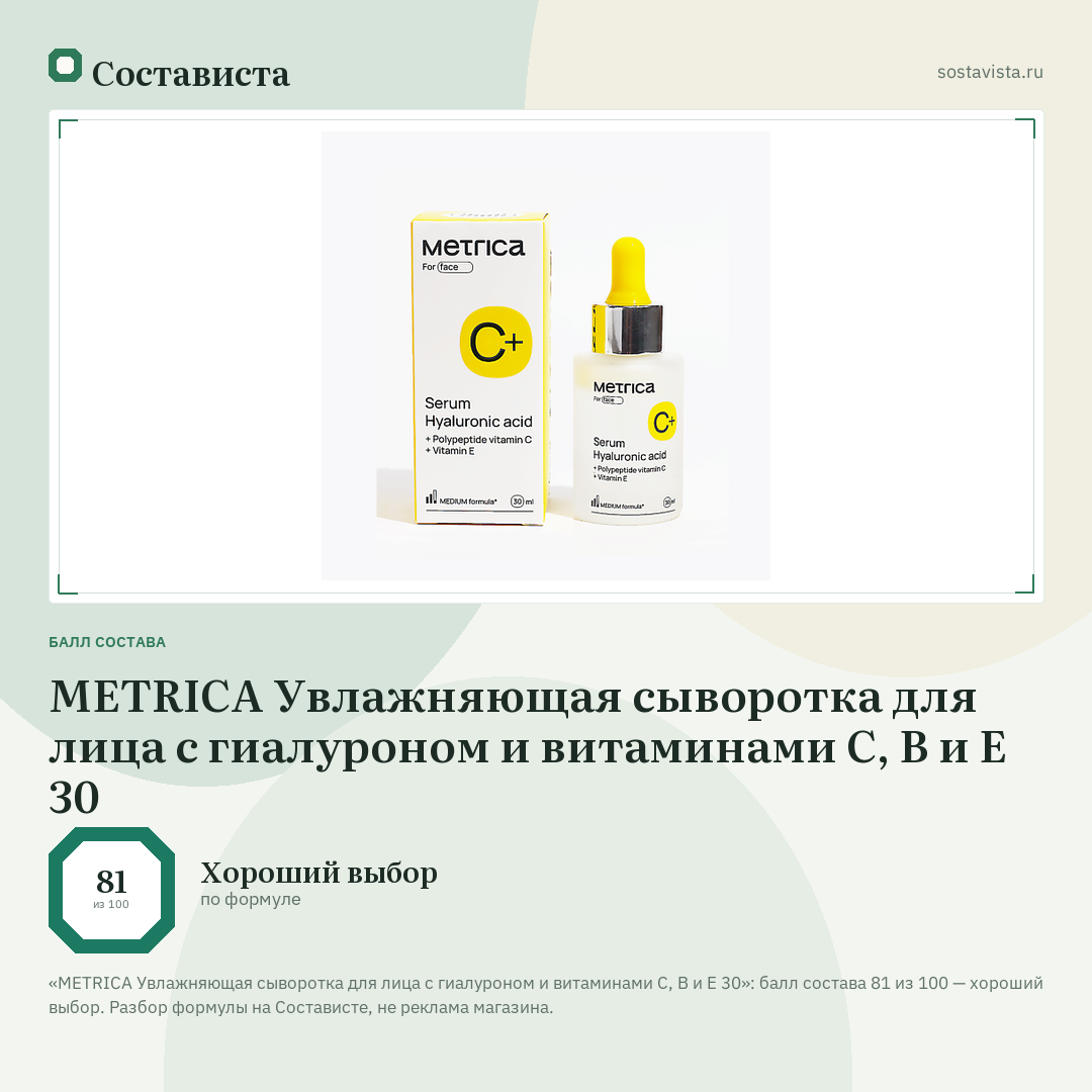 METRICA Увлажняющая сыворотка для лица с гиалуроном и витаминами С, В и Е 30: балл состава 81 из 100 — Состависта
