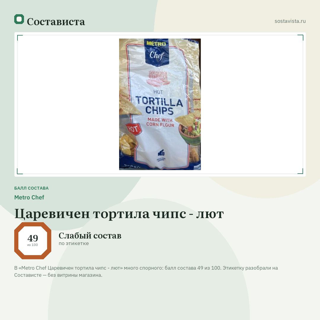 Metro Chef Царевичен тортила чипс - лют: балл состава 49 из 100 — Состависта