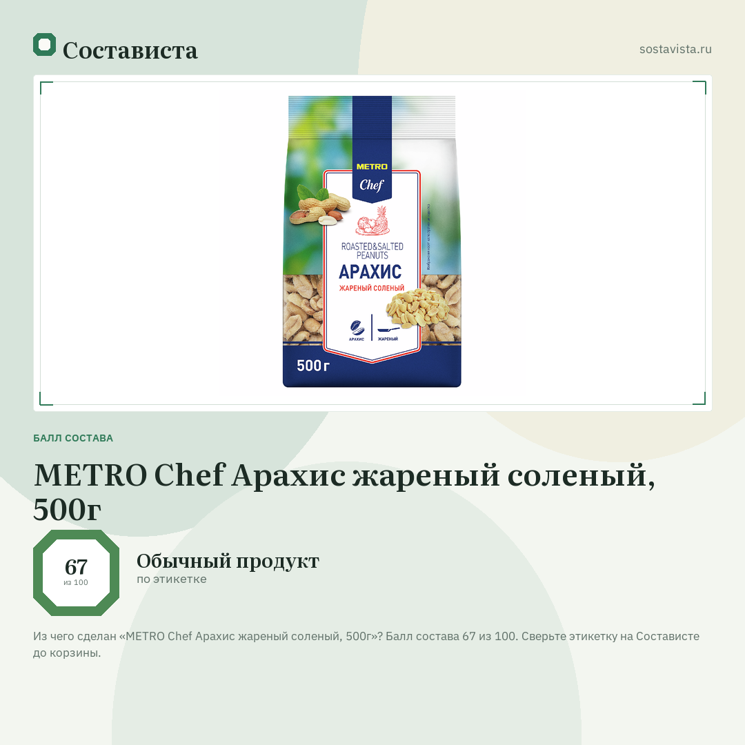 METRO Chef Арахис жареный соленый, 500г: балл состава 67 из 100 — Состависта