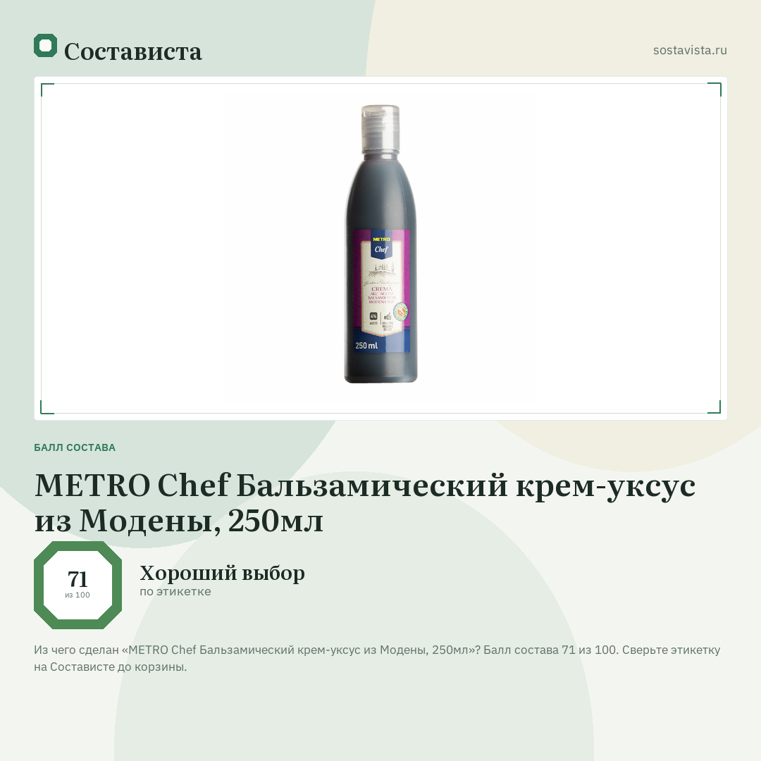 METRO Chef Бальзамический крем-уксус из Модены, 250мл: балл состава 71 из 100 — Состависта