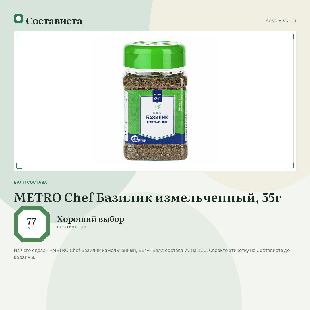 METRO Chef Базилик измельченный, 55г: балл состава 77 из 100 — Состависта