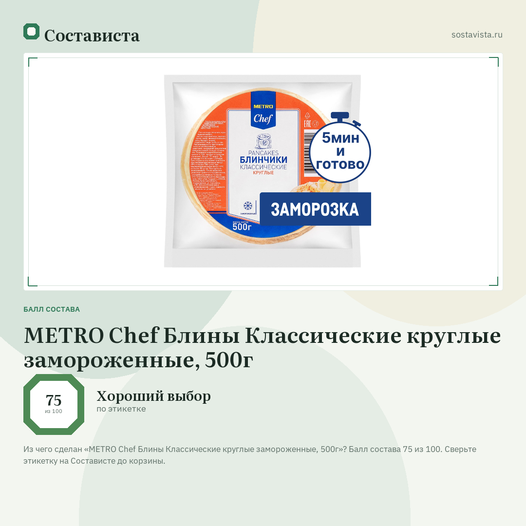 METRO Chef Блины Классические круглые замороженные, 500г: балл состава 75 из 100 — Состависта