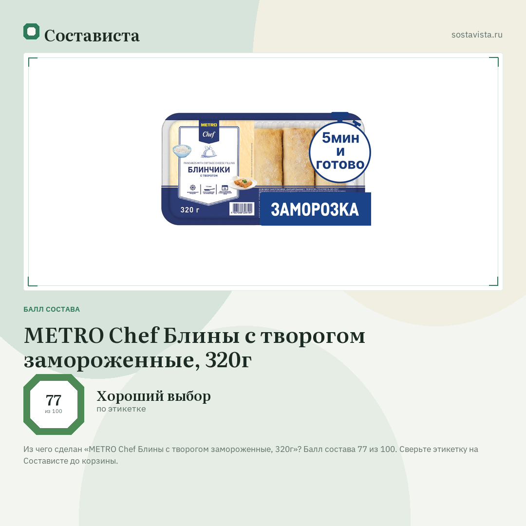 METRO Chef Блины с творогом замороженные, 320г: балл состава 77 из 100 — Состависта
