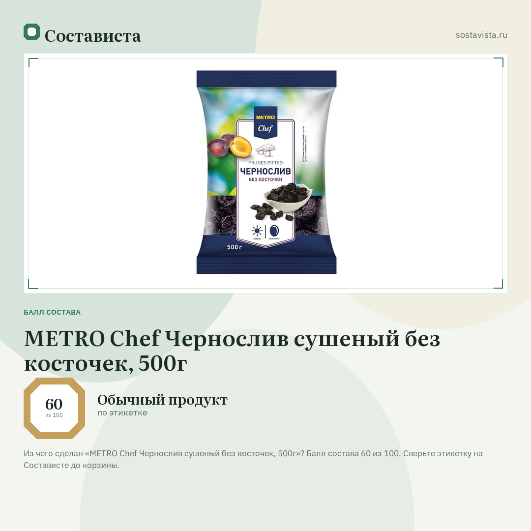 METRO Chef Чернослив сушеный без косточек, 500г: балл состава 60 из 100 — Состависта
