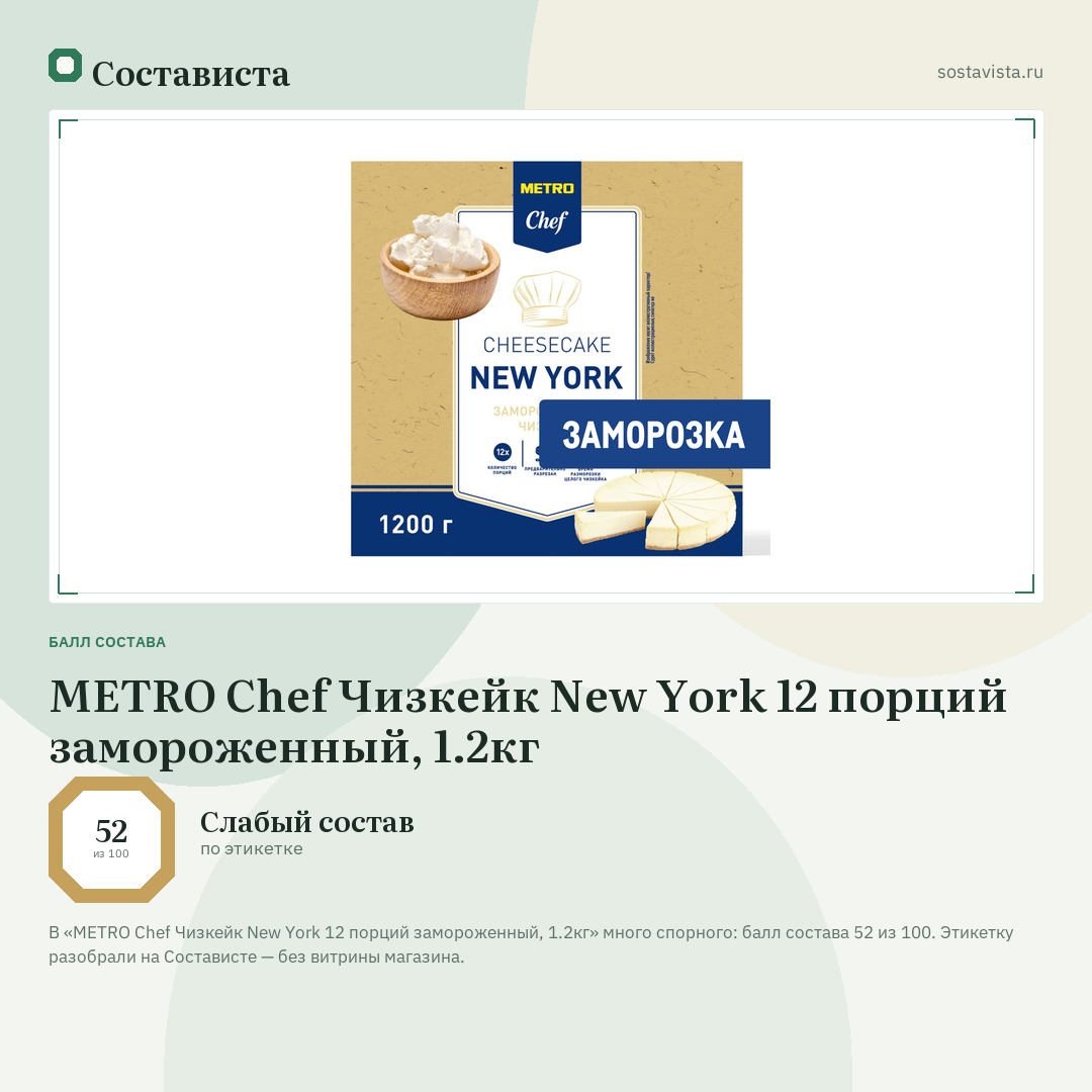 METRO Chef Чизкейк New York 12 порций замороженный, 1.2кг: балл состава 52 из 100 — Состависта