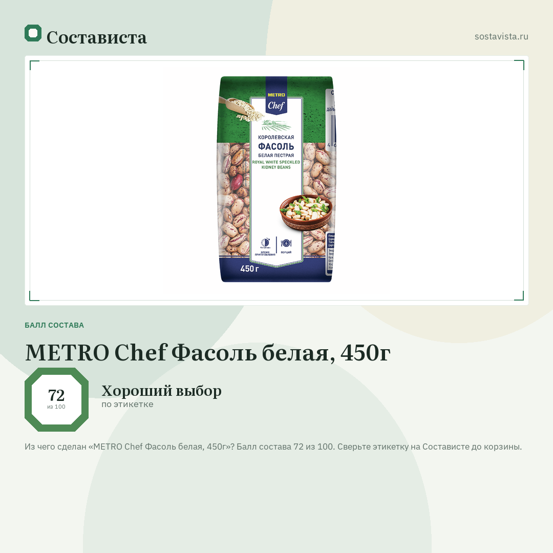 METRO Chef Фасоль белая, 450г: балл состава 72 из 100 — Состависта