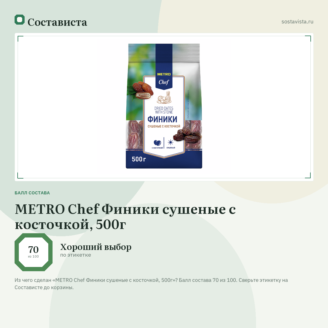 METRO Chef Финики сушеные с косточкой, 500г: балл состава 70 из 100 — Состависта
