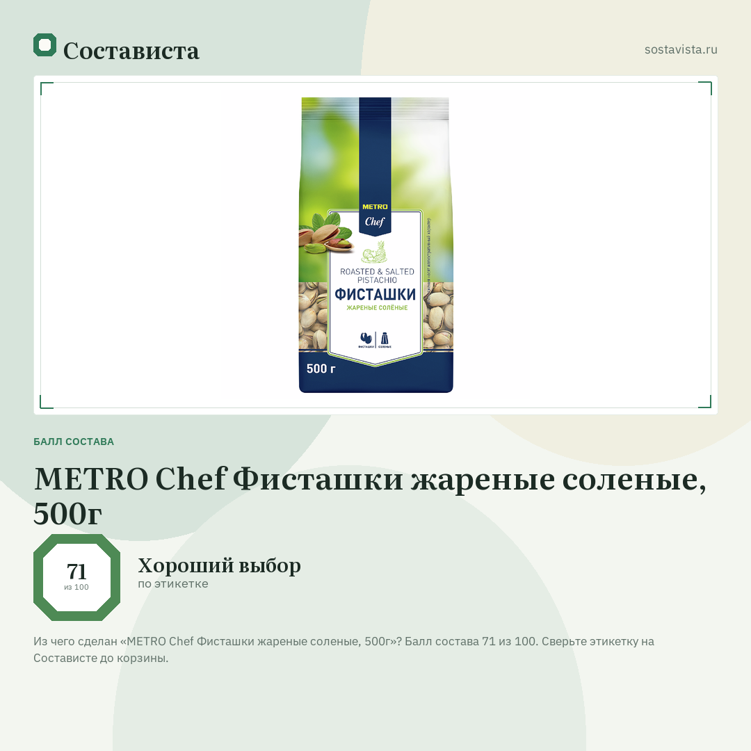 METRO Chef Фисташки жареные соленые, 500г: балл состава 71 из 100 — Состависта