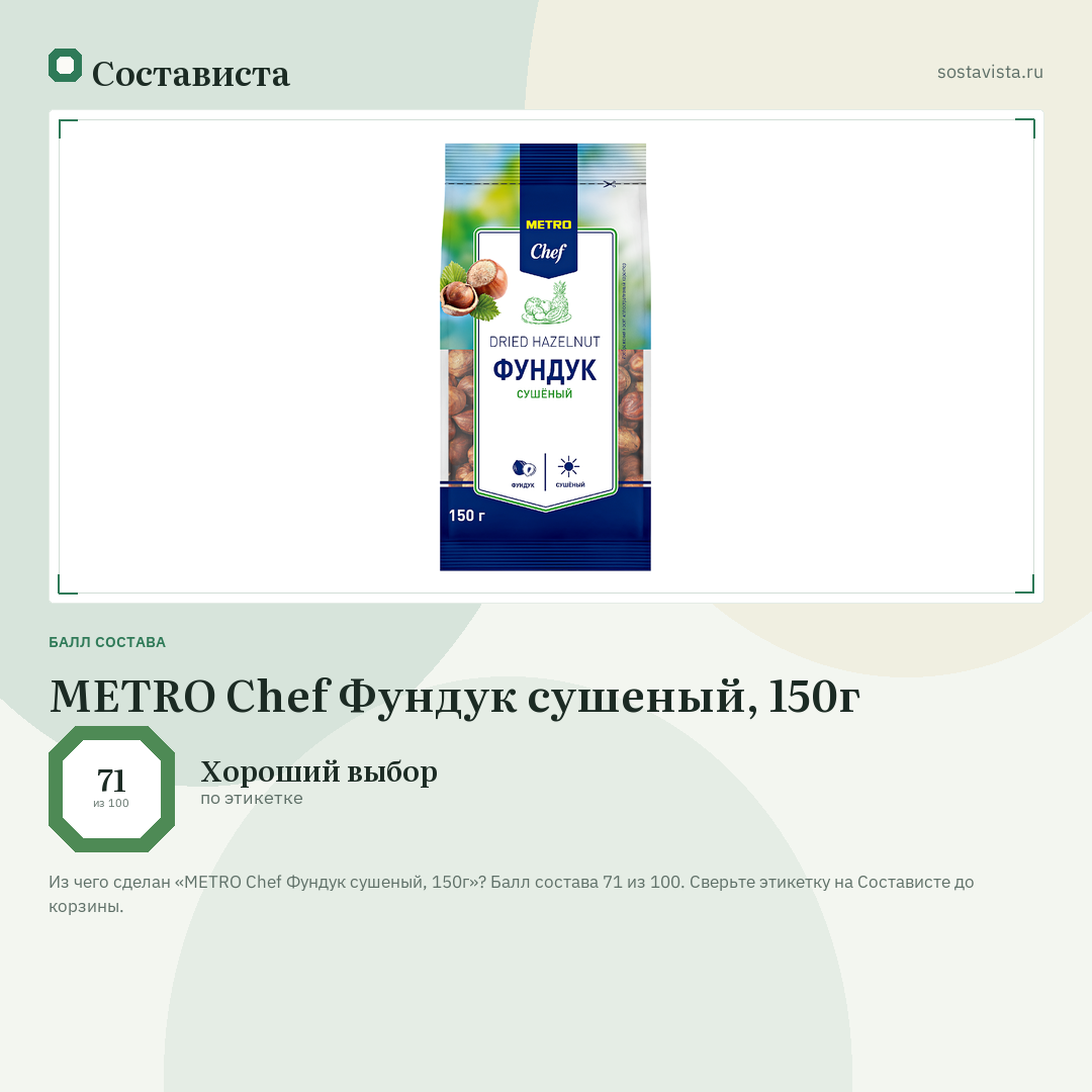 METRO Chef Фундук сушеный, 150г: балл состава 71 из 100 — Состависта