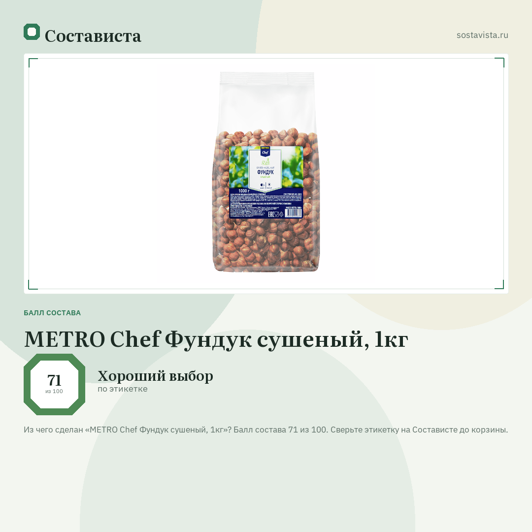 METRO Chef Фундук сушеный, 1кг: балл состава 71 из 100 — Состависта