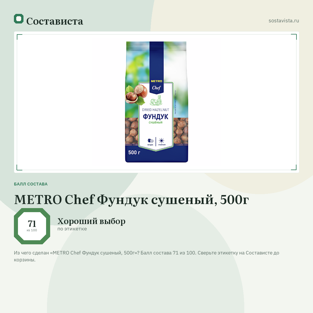 METRO Chef Фундук сушеный, 500г: балл состава 71 из 100 — Состависта