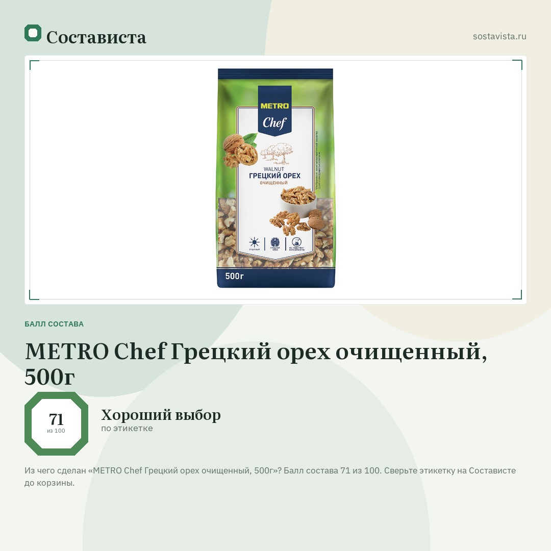 METRO Chef Грецкий орех очищенный, 500г: балл состава 71 из 100 — Состависта