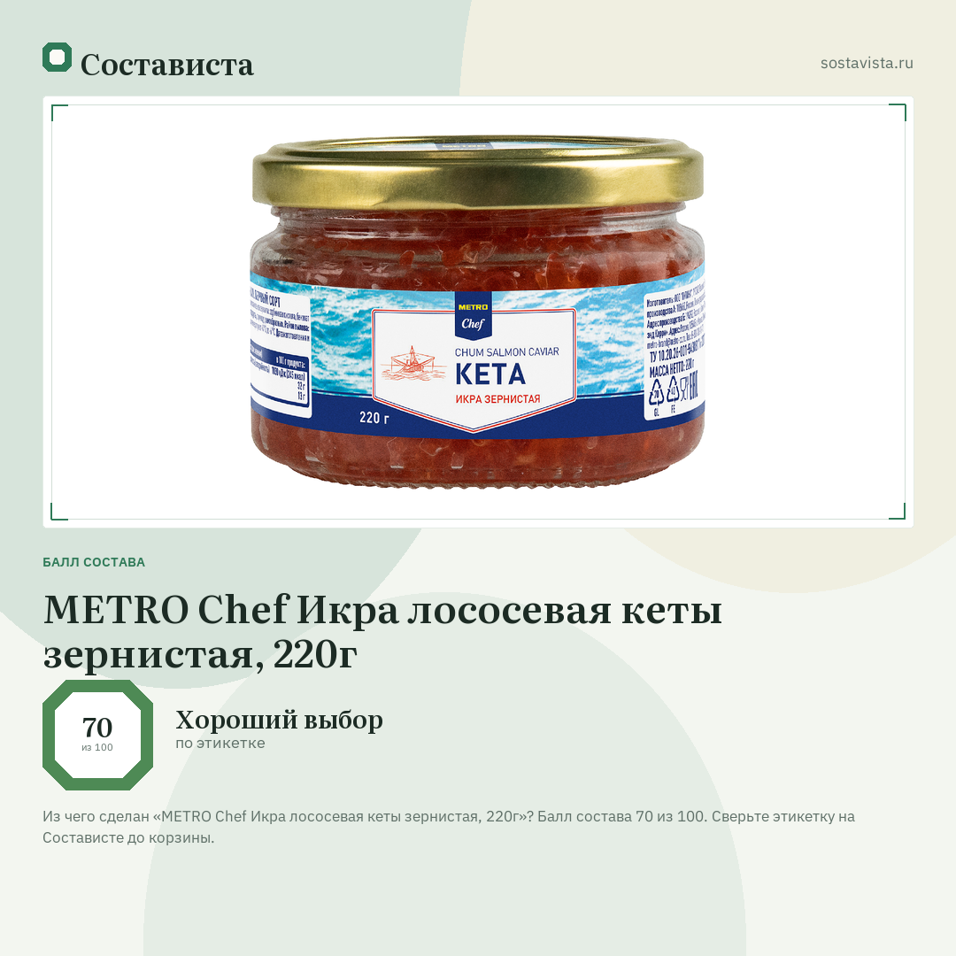 METRO Chef Икра лососевая кеты зернистая, 220г: балл состава 70 из 100 — Состависта