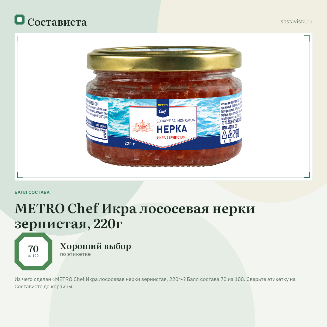 METRO Chef Икра лососевая нерки зернистая, 220г: балл состава 70 из 100 — Состависта