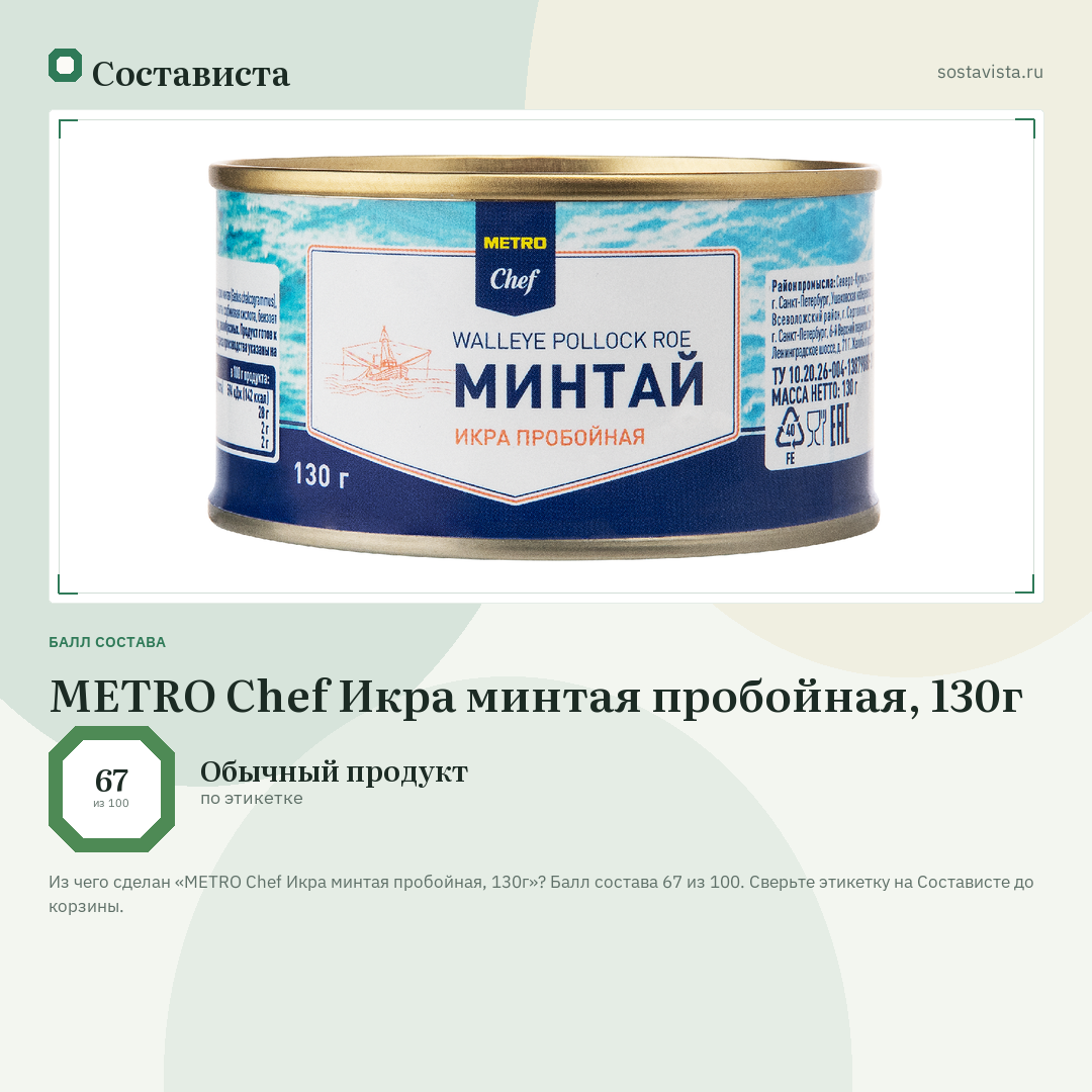 METRO Chef Икра минтая пробойная, 130г: балл состава 67 из 100 — Состависта
