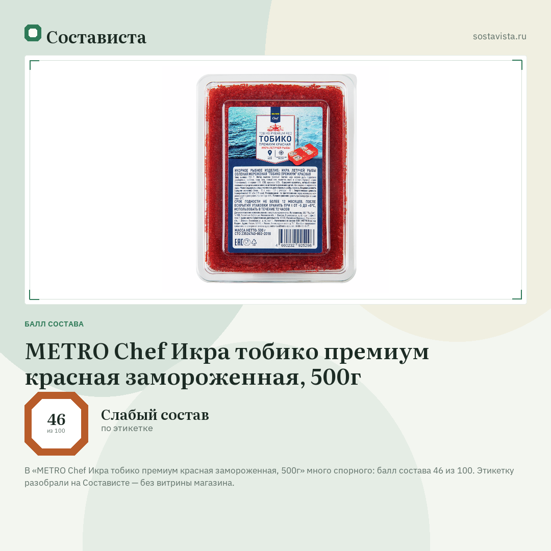 METRO Chef Икра тобико премиум красная замороженная, 500г: балл состава 46 из 100 — Состависта