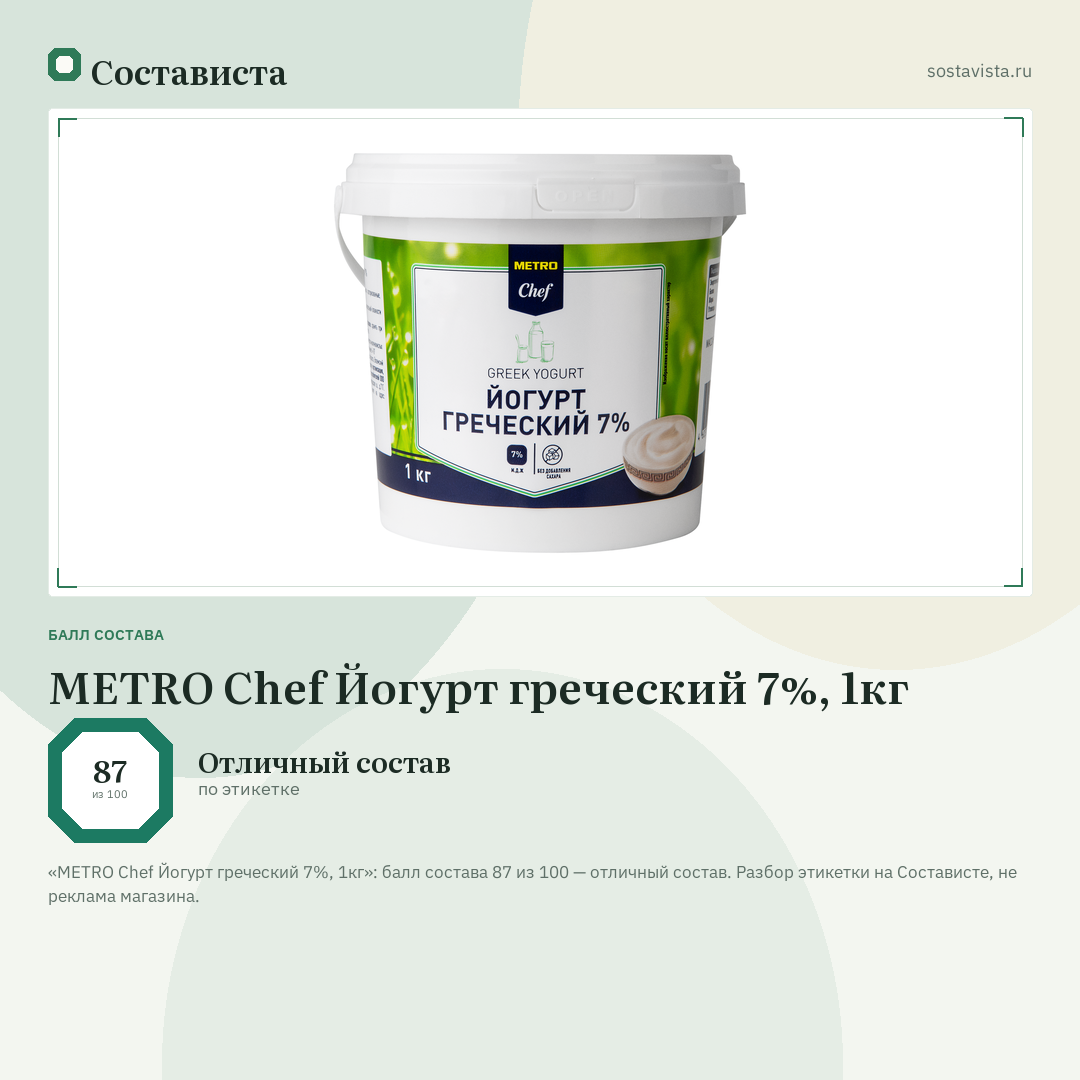 METRO Chef Йогурт греческий 7%, 1кг: балл состава 87 из 100 — Состависта
