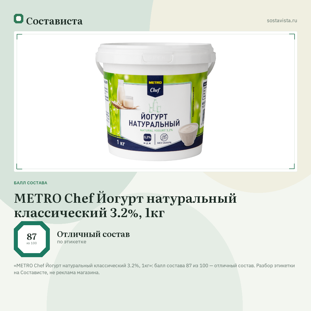 METRO Chef Йогурт натуральный классический 3.2%, 1кг: балл состава 87 из 100 — Состависта