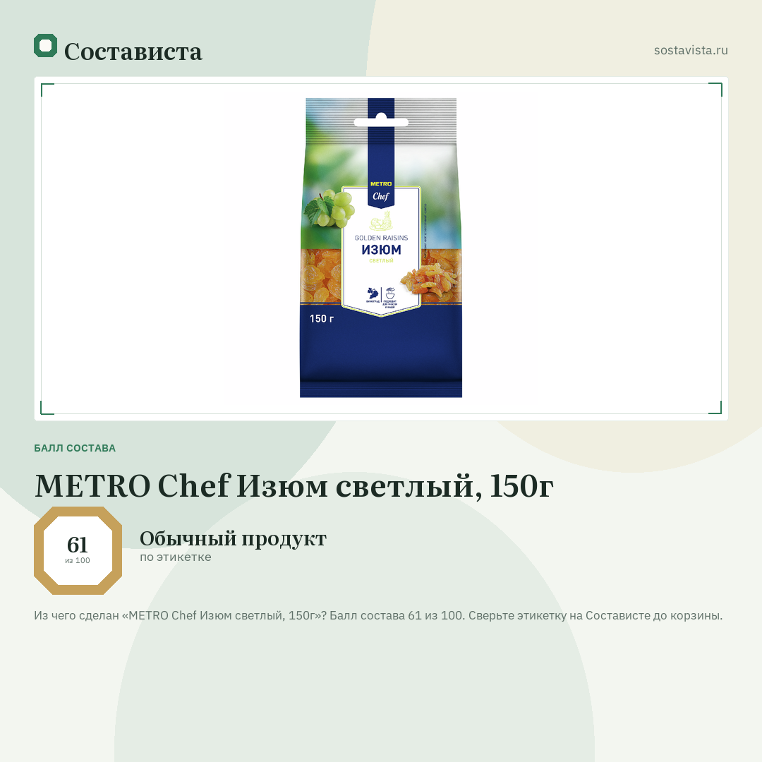 METRO Chef Изюм светлый, 150г: балл состава 61 из 100 — Состависта