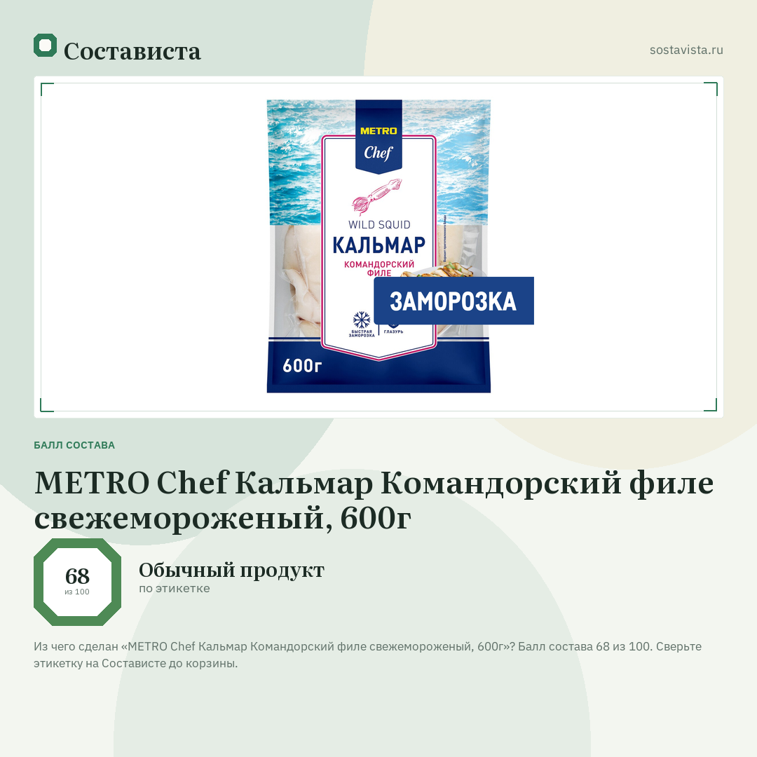 METRO Chef Кальмар Командорский филе свежемороженый, 600г: балл состава 68 из 100 — Состависта