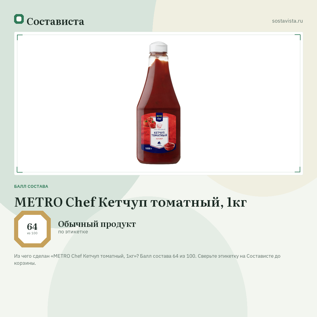 METRO Chef Кетчуп томатный, 1кг: балл состава 64 из 100 — Состависта