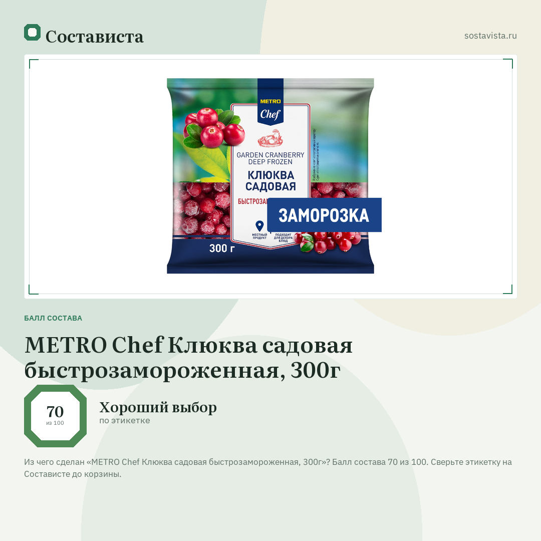 METRO Chef Клюква садовая быстрозамороженная, 300г: балл состава 70 из 100 — Состависта