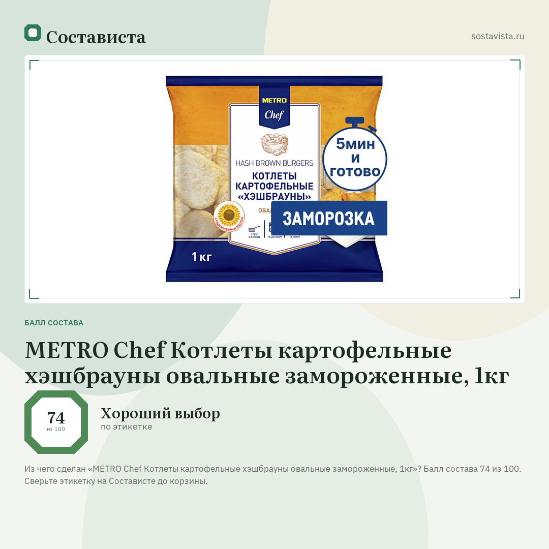 METRO Chef Котлеты картофельные хэшбрауны овальные замороженные, 1кг: балл состава 74 из 100 — Состависта
