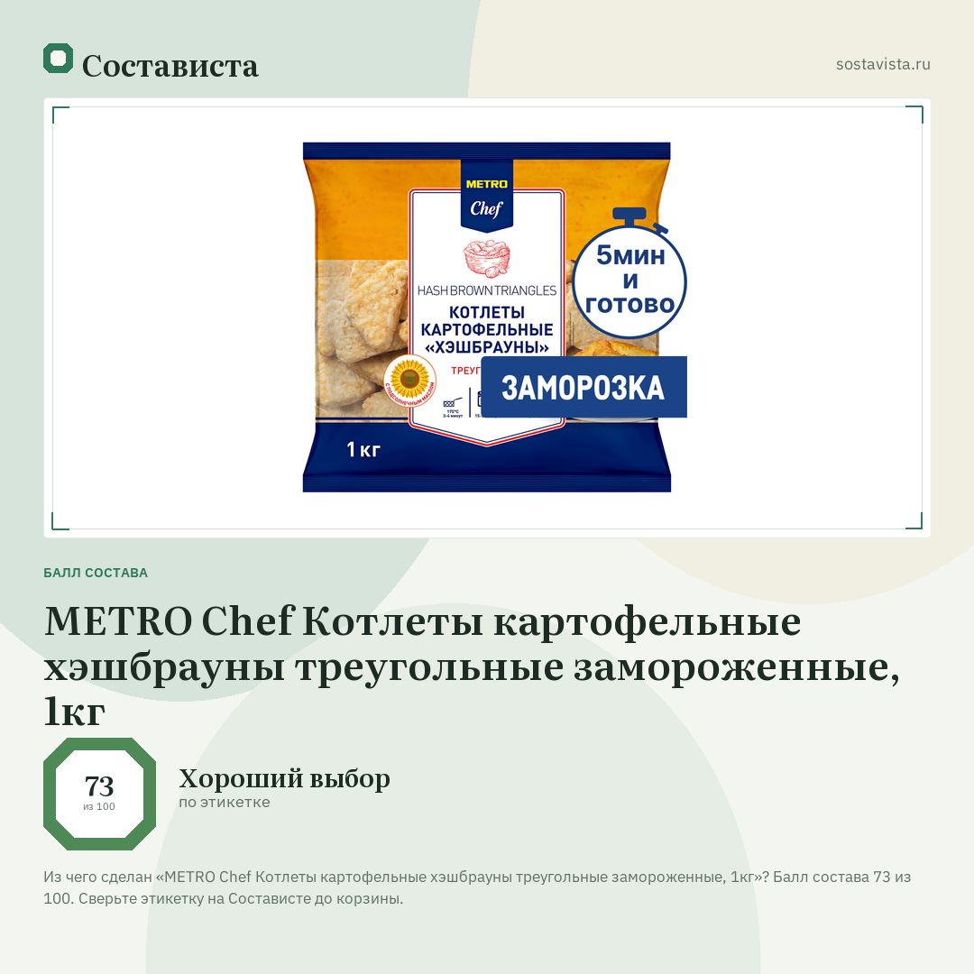 METRO Chef Котлеты картофельные хэшбрауны треугольные замороженные, 1кг: балл состава 73 из 100 — Состависта