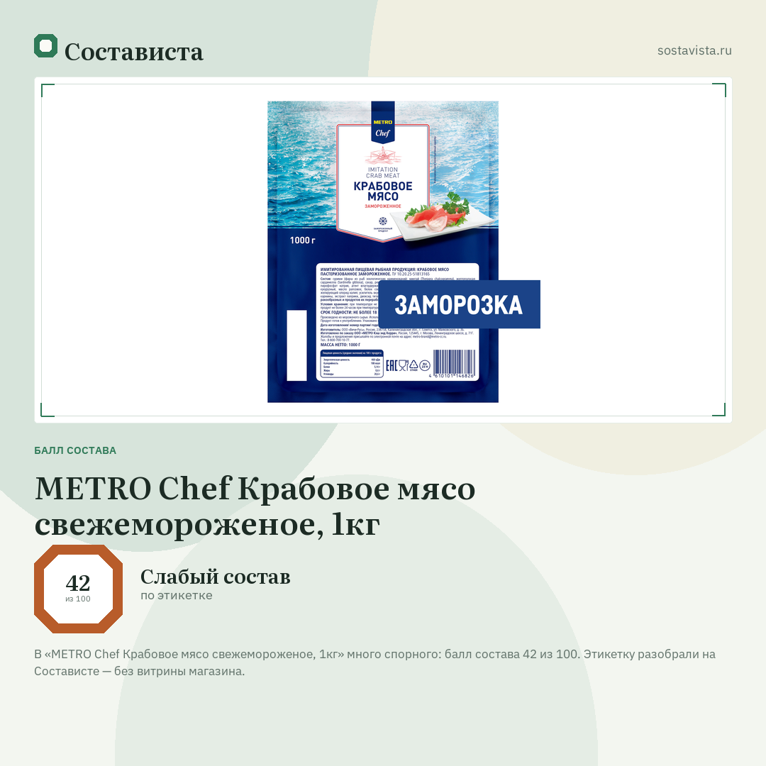 METRO Chef Крабовое мясо свежемороженое, 1кг: балл состава 42 из 100 — Состависта