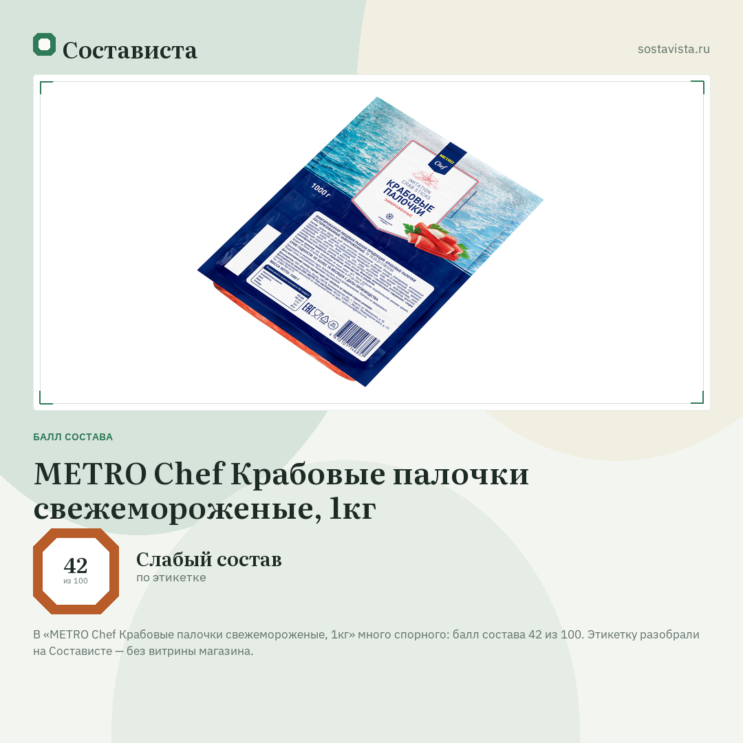 METRO Chef Крабовые палочки свежемороженые, 1кг: балл состава 42 из 100 — Состависта