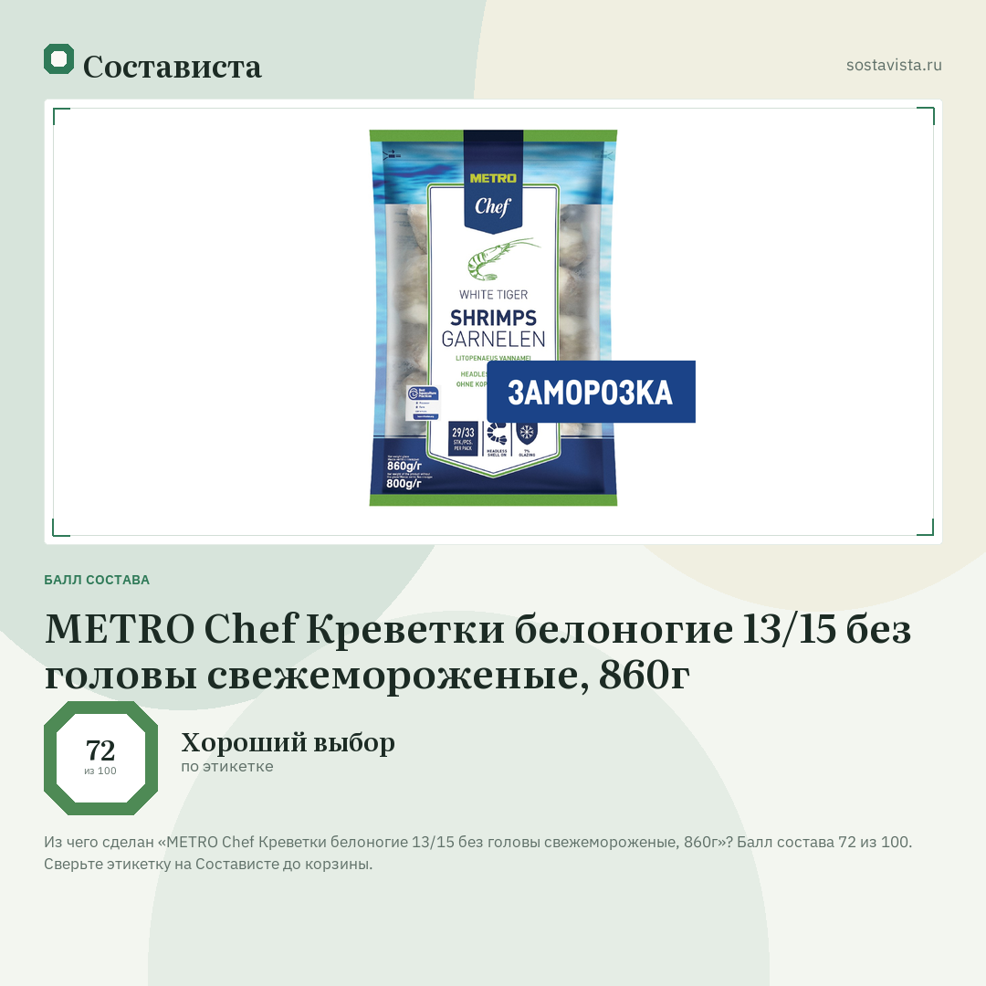 METRO Chef Креветки белоногие 13/15 без головы свежемороженые, 860г: балл состава 72 из 100 — Состависта