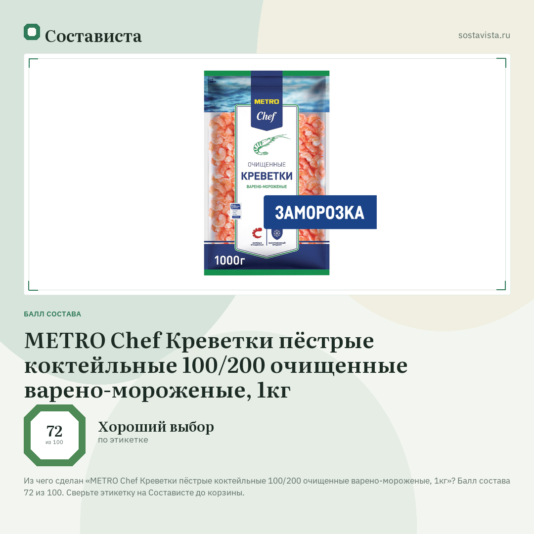 METRO Chef Креветки пёстрые коктейльные 100/200 очищенные варено-мороженые, 1кг: балл состава 72 из 100 — Состависта