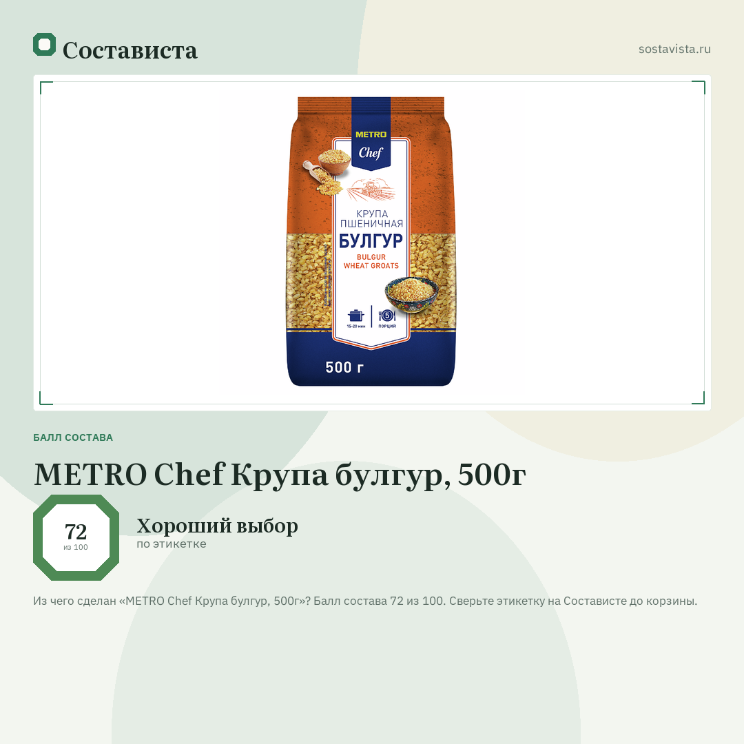 METRO Chef Крупа булгур, 500г: балл состава 72 из 100 — Состависта
