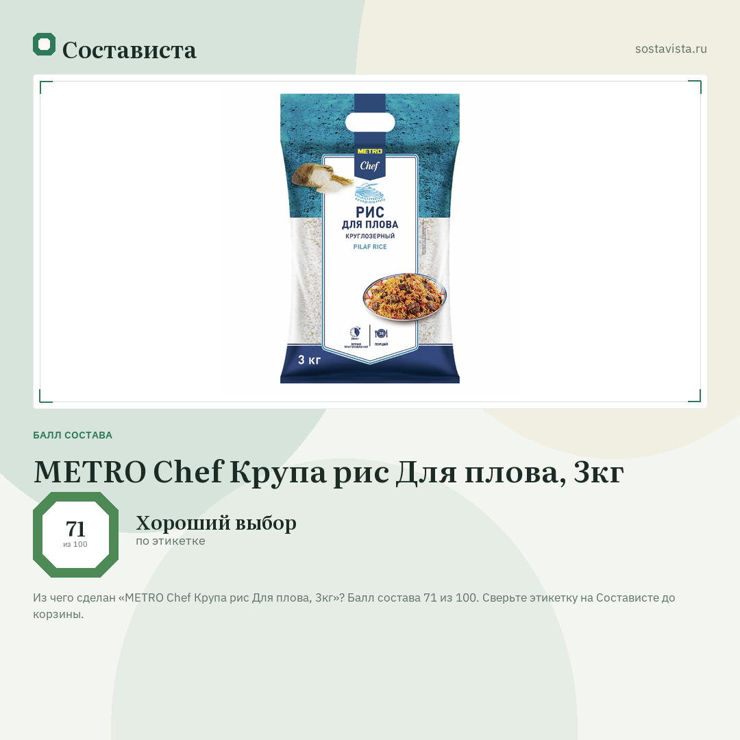 METRO Chef Крупа рис Для плова, 3кг: балл состава 71 из 100 — Состависта