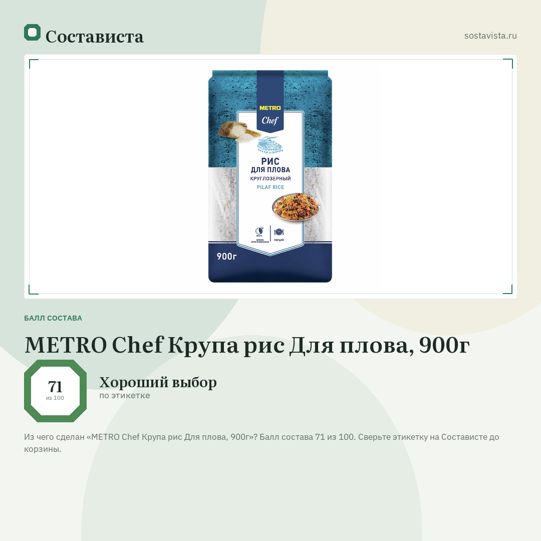 METRO Chef Крупа рис Для плова, 900г: балл состава 71 из 100 — Состависта