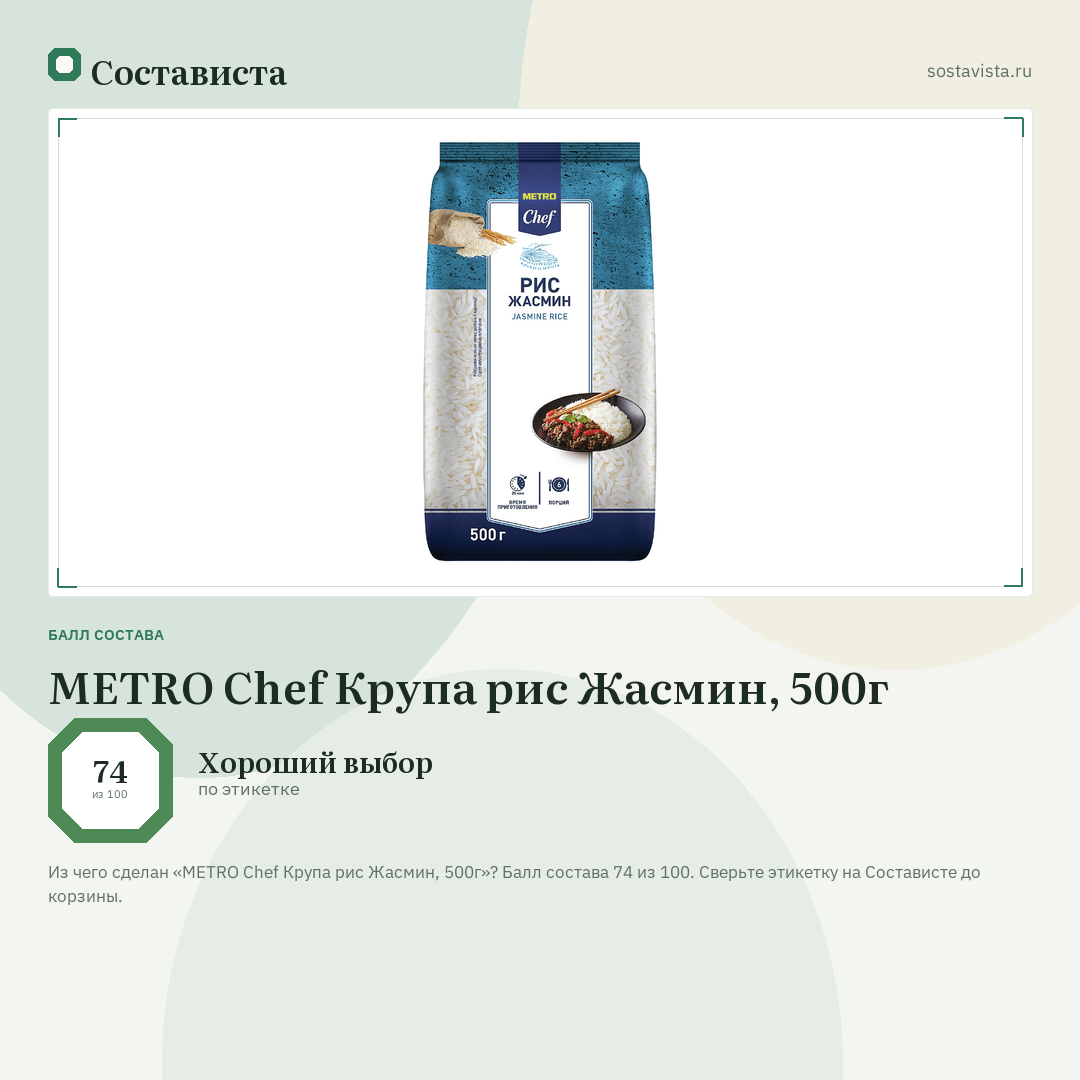 METRO Chef Крупа рис Жасмин, 500г: балл состава 74 из 100 — Состависта